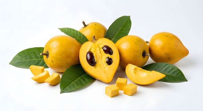 Fresh Yellow Egg Fruit Canistel With Green Leaves Cut In Half Isolated On White Background Studio Shot