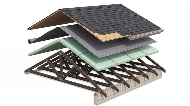 Exploded view of residential house roof construction layers showing insulation and shingles on white background