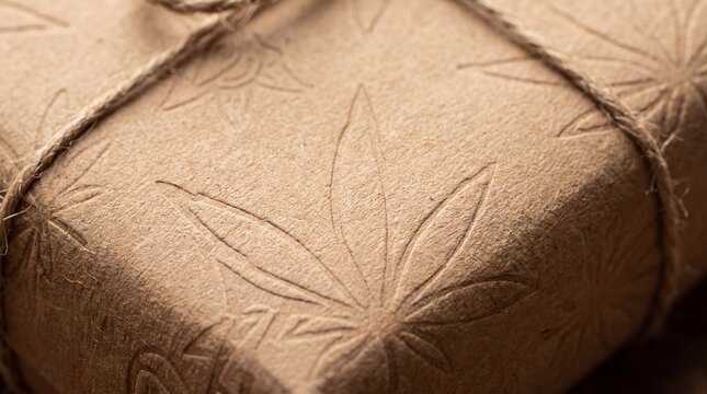 eco-friendly design, a close-up reveals textured recycled kraft paper cannabis packaging with minimalist leaf patterns