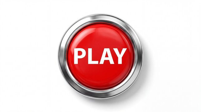 Red circular push button featuring metallic silver trim and white play text on white background