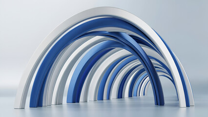 Fototapeta premium Abstract architectural structure with repeating blue and white curved arches forming a tunnel on a light grey background