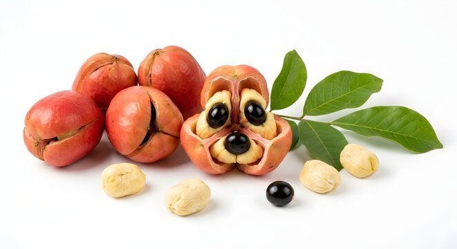 Fresh Ripe Ackee Fruits With Red Shells And Creamy Yellow Flesh And Black Seeds On White Background