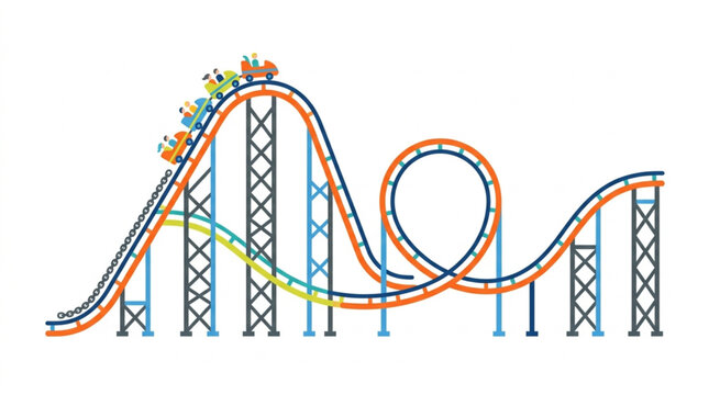 Roller coaster ride with looping track and amusement park train vector illustration