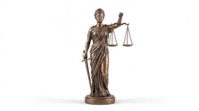 Bronze lady justice sculpture holding golden scales and a sharp sword isolated on white background