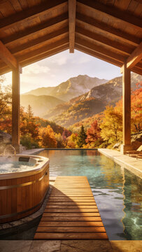 Luxury outdoor pool and steaming wooden hot tub overlooking an autumn mountain landscape