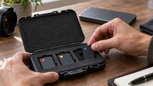Hands Placing Memory Card Into Color Coded Archive Case