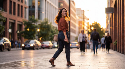 Obraz premium A young woman with dark hair, smiling, walking on a sidewalk next to a street with blurred cars and buildings. The sun is setting, casting a warm golden light on the scene.