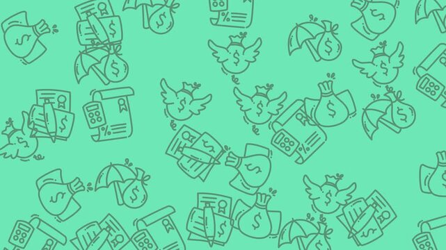 Green background pattern with line art money bags, winged coins, insurance umbrellas. Ideal for financial planning, insurance, investment concepts graphic design.