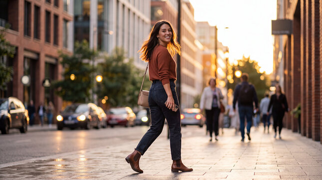 A young woman with dark hair, smiling, walking on a sidewalk next to a street with blurred cars and buildings. The sun is setting, casting a warm golden light on the scene.