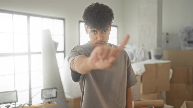 Young man points finger to camera while standing among packed cardboard boxes and rolled carpet in a bright studio; determination focus.