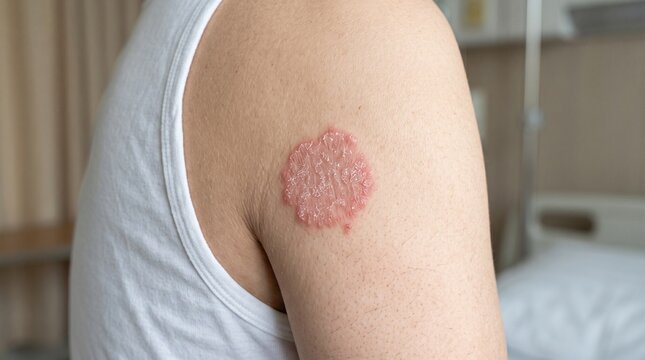 Inflamed circular patch on male skin showing clinical signs of psoriasis or fungal infection characterized by scaly red texture under soft natural indoor lighting conditions