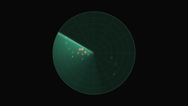 Animation radar screen sweeping across dark polar grid detecting green and orange target blips, surveillance scanning and threat detection technology
