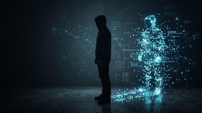 Silhouette of man standing near digital human hologram with data particles.