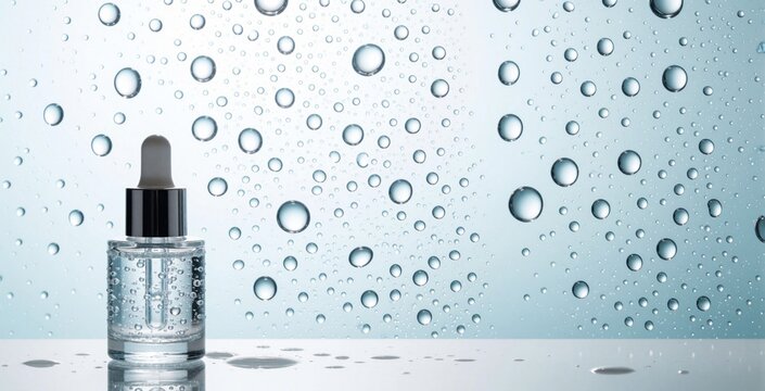 Clear cosmetic dropper bottle sits against blue background with water drops. Transparent liquid serum container features moisture texture, fresh aqua splashes. Skincare product mockup shows hydration
