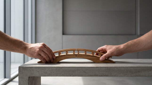Close-up of Two People's Hands Holding and Adjusting a Small Wooden Bridge Architectural Model on a Concrete Table