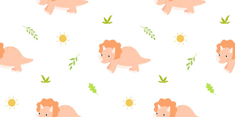 Obraz premium Cute pink dinosaurs vector seamless pattern. Repeating nursery background for baby textiles. Backdrop with triceratops for childish fabric print.