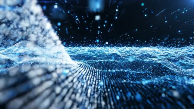Blue digital wave cyberspace animation with glowing data particles floating