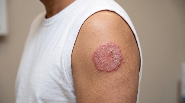 Psoriasis plaque showing dry scaly red skin inflammation on an upper arm captured in a close up studio photograph with soft lighting and neutral tones