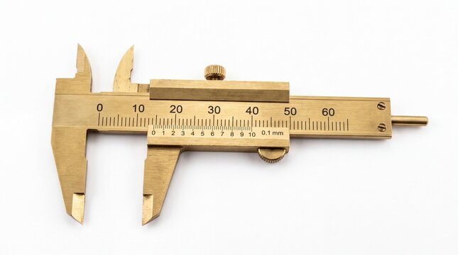 Golden metal vernier caliper measuring tool featuring detailed scale markings presented in studio on white background
