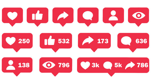 Vibrant red social media notification icons displaying engagement metrics for likes, comments, shares, followers, and views, symbolizing online interaction and digital popularity.