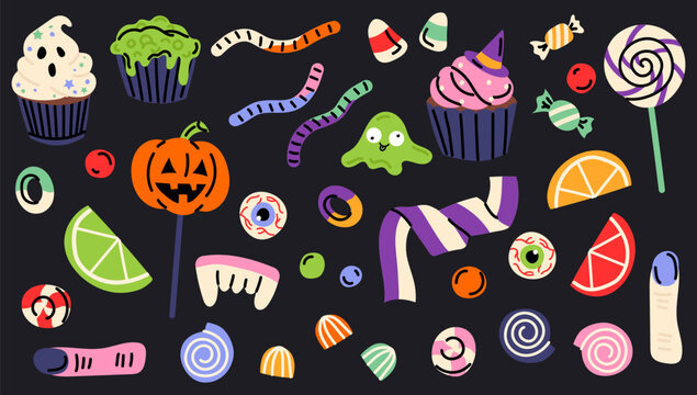 Halloween sweets and candies. Gummy worms. Set Halloween treats muffin, lollipops and gummy candies. Flat vector illustration on dark background.