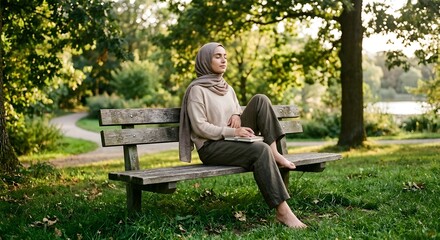 Fototapeta premium Muslim Woman In Hijab Relaxing On A Park Bench During Sunset In The Green Nature With Warm Lighting