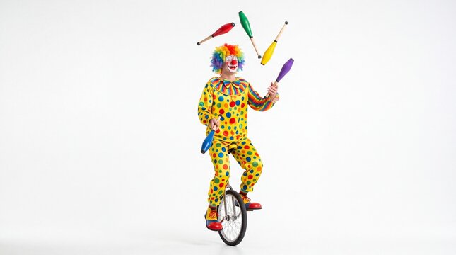 Happy colorful circus clown juggling plastic pins while riding a unicycle isolated on white background