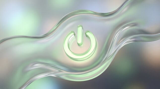 Glassmorphism 3D power button icon radiating energy inside translucent liquid for technology UI design