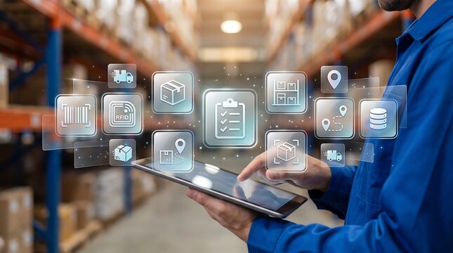 Logistics coordinator using digital tablet with advanced rfid tracking and inventory management interface for seamless supply chain visibility and accurate cargo processing in warehouse