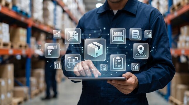 Professional warehouse operative using tablet for inventory control and rfid scanning with digital data overlay for enhanced supply chain management and business efficiency solutions