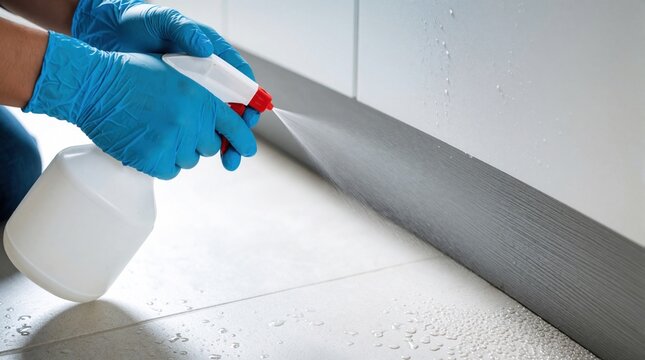 Worker in blue gloves uses spray bottle for pest control. Person applies liquid treatment along cracked baseboard to stop insect infestation. Professional exterminator sanitizes home interior floor