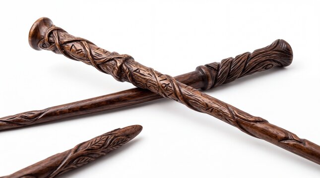 Two decorative wooden magic wands with carved red patterns