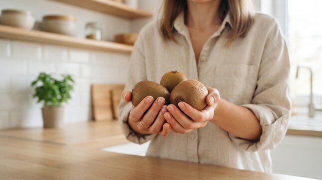Woman holding fresh kiwi fruits in hands. Healthy nutrition and organic diet concept photo. Close-up of raw kiwi fruit in a bright modern kitchen interior with wooden countertop and shelves
