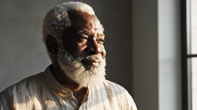 Senior African American man by window in golden sunlight