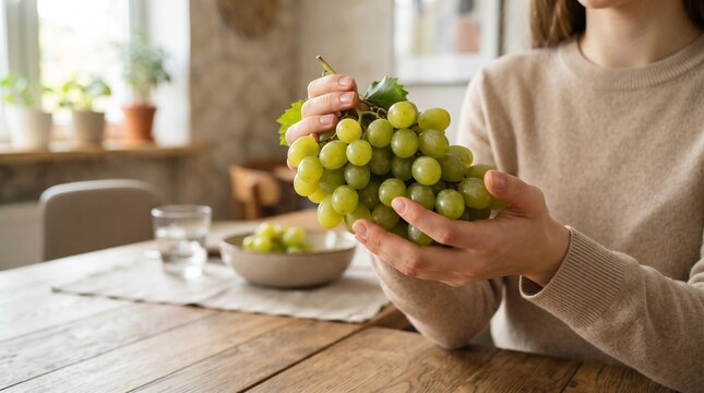 Healthy nutrition and organic fruit concept photo. Woman holding a fresh green grape cluster in her hands. Features a wooden table and a bright cozy kitchen interior in the background