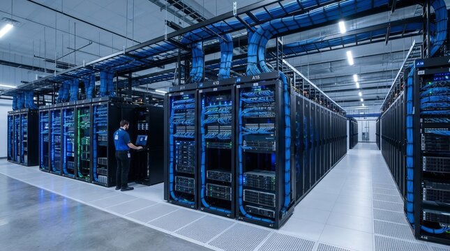 Professional technician working on secure server rack infrastructure in modern data center room.
