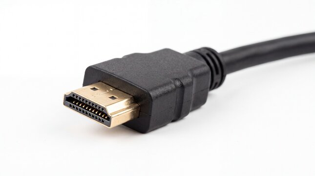 Black hdmi cable connector with gold plated tip shown in high resolution detail on white background
