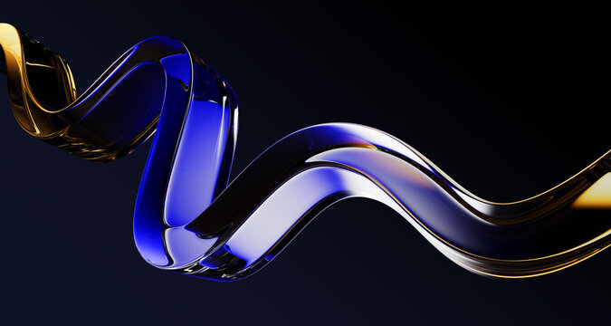 Abstract 3D flowing ribbon, glowing glass wave line with blue and gold neon gradient reflections on dark background. Luminous transparent curve stream of liquid, luxury digital design. 3D illustration