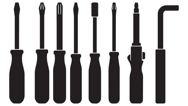 Set of Eight Different Screwdrivers in Silhouette