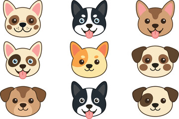 Fototapeta premium Cute Dog Face Collection Flat Vector Illustration Set with Different Breed and Expression Design for Pet Animal Character