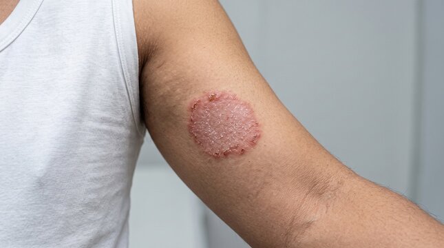 Inflamed circular skin lesion displaying characteristic red scaly texture on a person upper arm indicating potential dermatological condition requiring medical consultation for a proper diagnosis