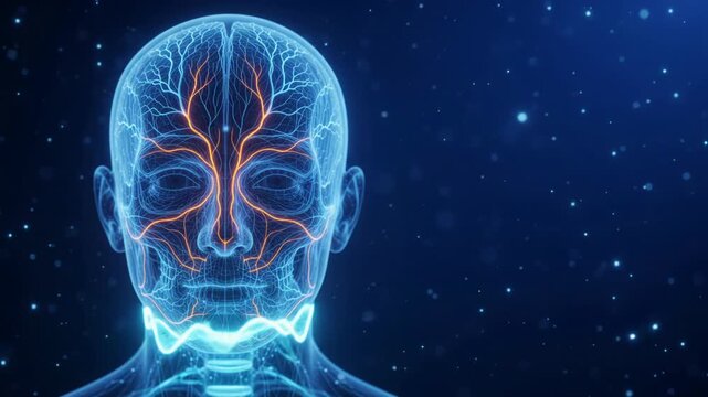 3D animation of a human head with glowing neural pathways and vascular structures on a blue background.