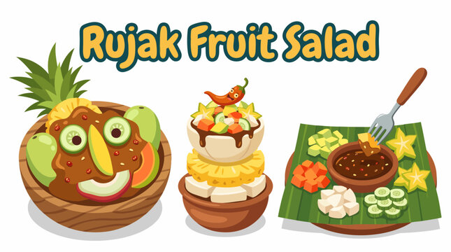 Indonesian rujak fruit salad featuring unripe mango pineapple cucumber papaya jicama and tropical fruits served with spicy sweet palm sugar dressing, iconic Southeast Asian snack suitable