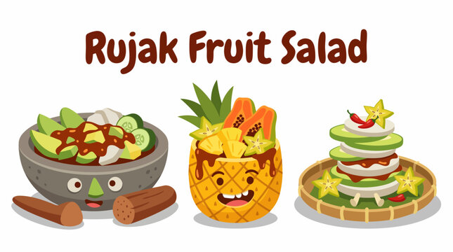 Indonesian rujak fruit salad featuring unripe mango pineapple cucumber papaya jicama and tropical fruits served with spicy sweet palm sugar dressing, iconic Southeast Asian snack suitable