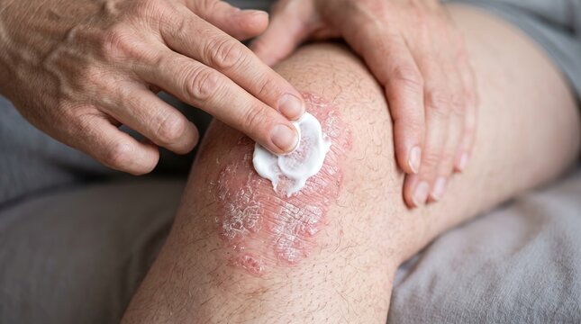 Person applying medicinal topical corticosteroid cream to psoriasis plaque on knee