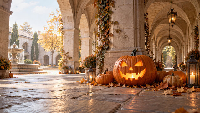 石造りのアーチ回廊に光るジャックオーランタンのハロウィン背景