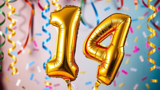 Birthday balloon shape number fourteen golden letter figure 14 celebration background AI Generative