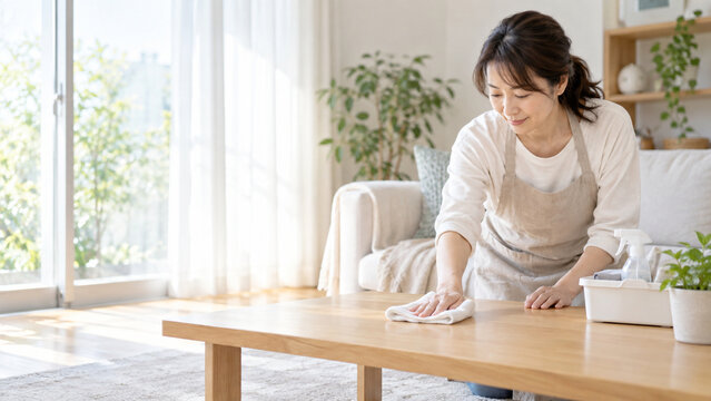 朝のリビングでテーブルを掃除する日本人の中年女性