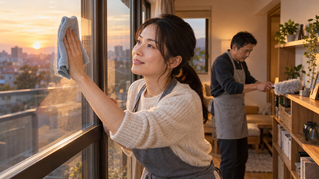 夕暮れの自宅で窓と棚を大掃除する日本人の男女