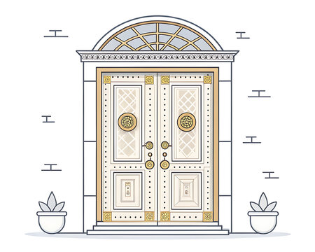 Traditional Indian double wooden door with round brass handles, minimal vector style